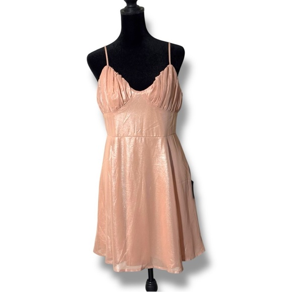 Lulu’s Shiny Peach Spaghetti Strap Pleated Cups Mini Formal Style Sundress - Picture 5 of 16